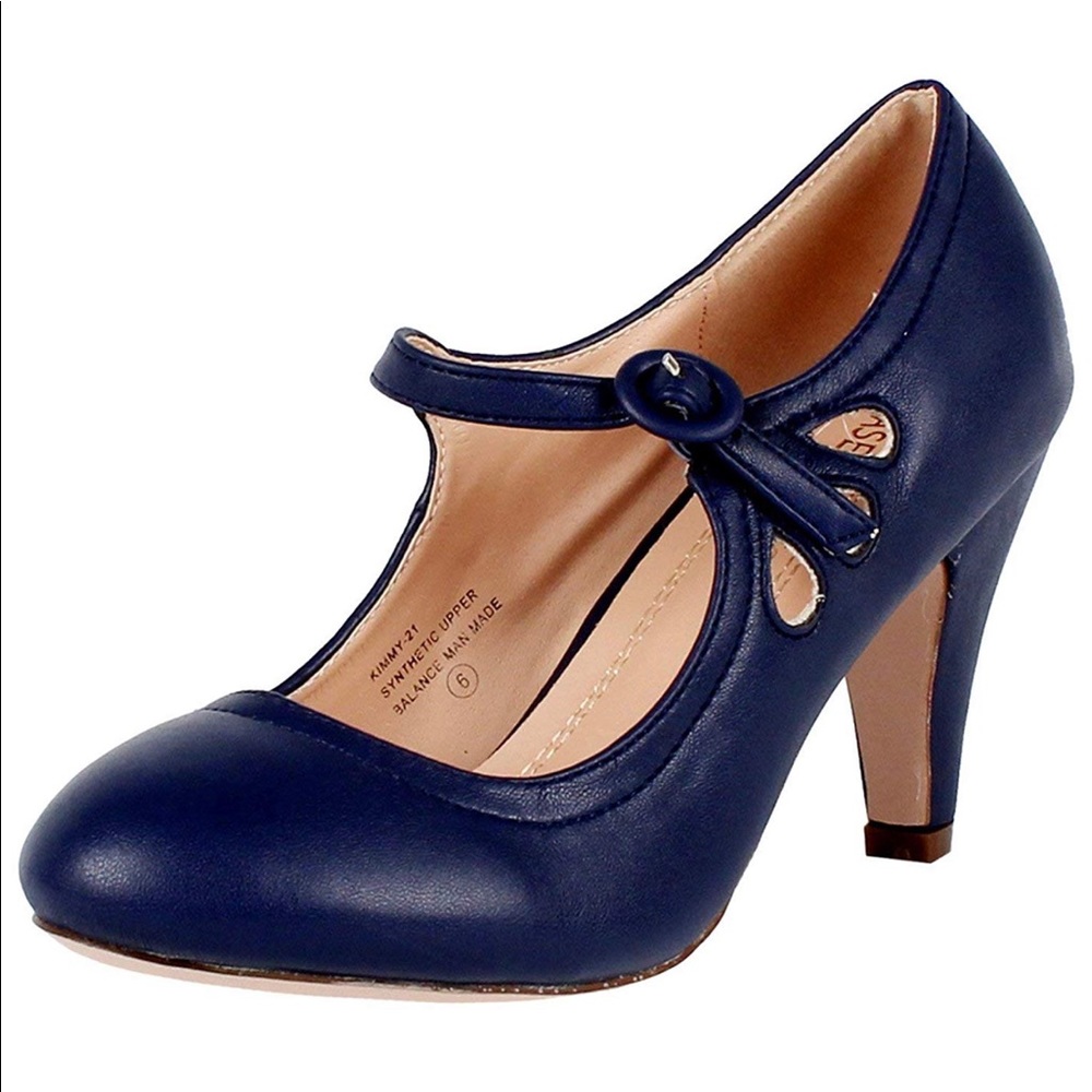 Vintage Style Mary Jane Cut Out Heels in Navy